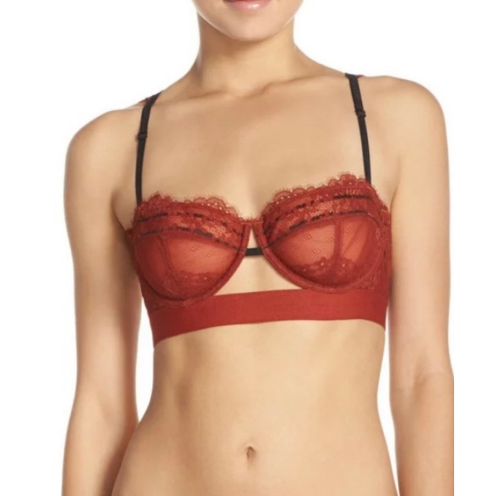 Free People Intimately Lace Balconette Underwire Bra Rust Red Black 32D